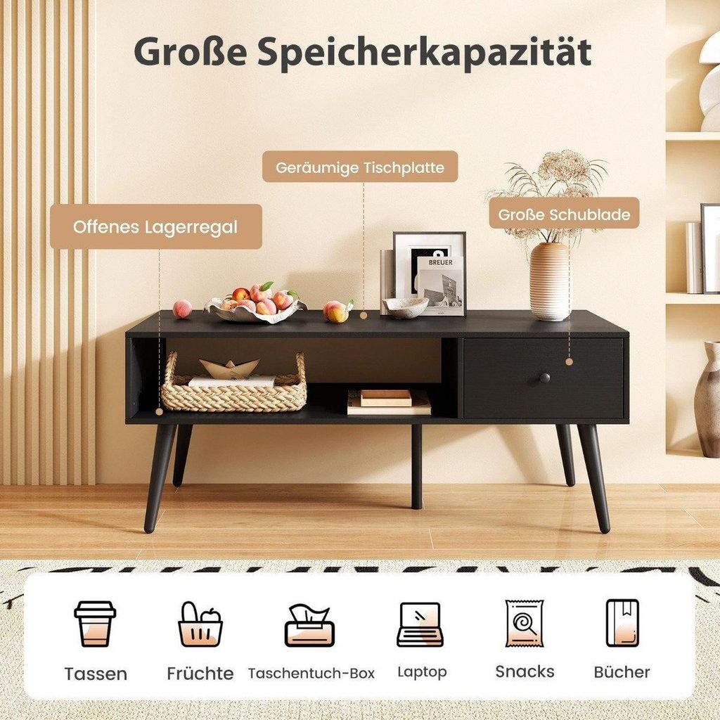 Couchtisch mit Schublade und offenem Regal, 109 x 55 x 39,5 cm, Schwarz