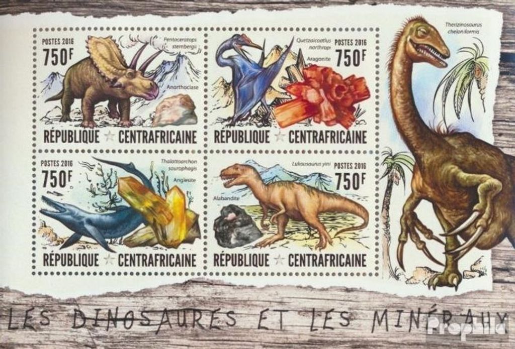 Briefmarken Zentralafrikanische Republik 2016 Mi 6260-6263 Kleinbogen (kompl. Ausgabe) postfrisch Dinosaurier und Mineralien