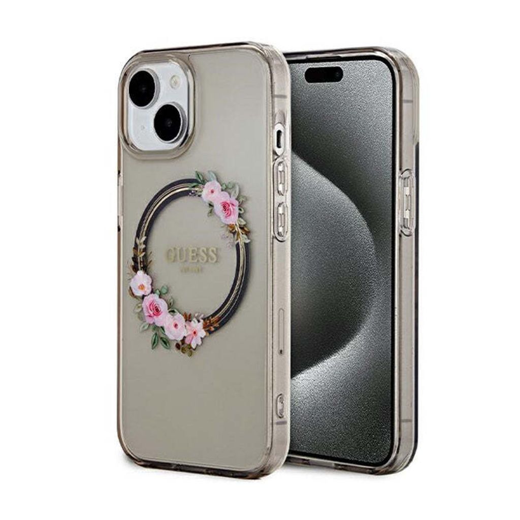 Guess GUHMP15SHFWFCK iPhone 15 / 14 / 13 6,1" schwarz/schwarz Hardcase IML Flowers Wreatch MagSafe Schutzhülle