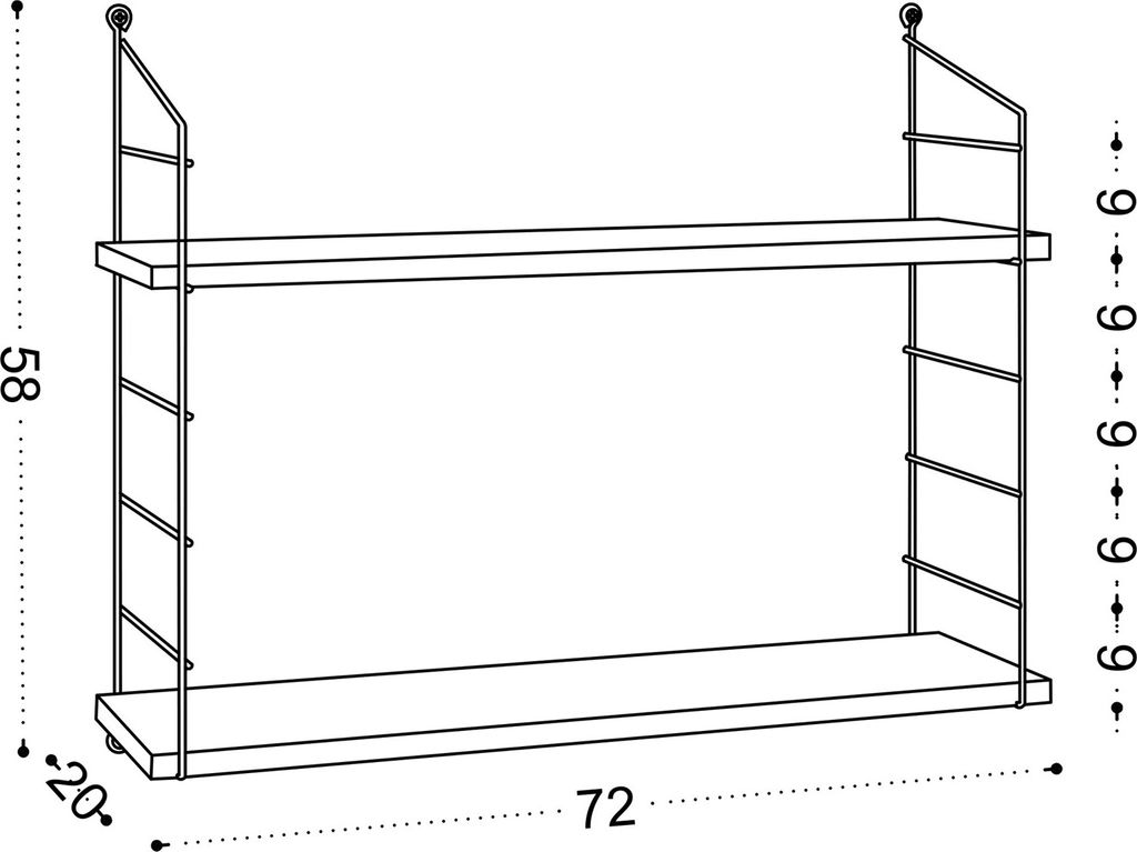 A line drawing of a two-tiered wall shelf with dimensions indicated.