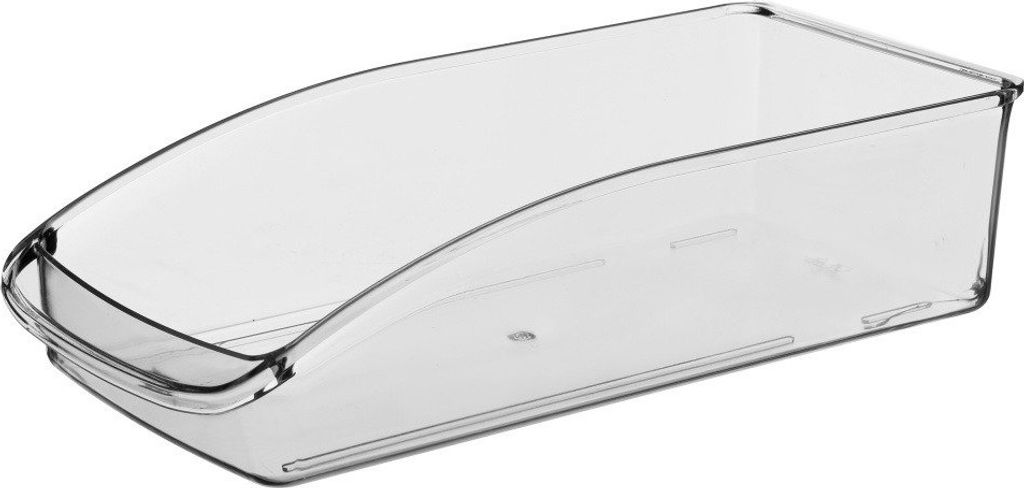 A clear, empty, transparent plastic storage container designed for a refrigerator.