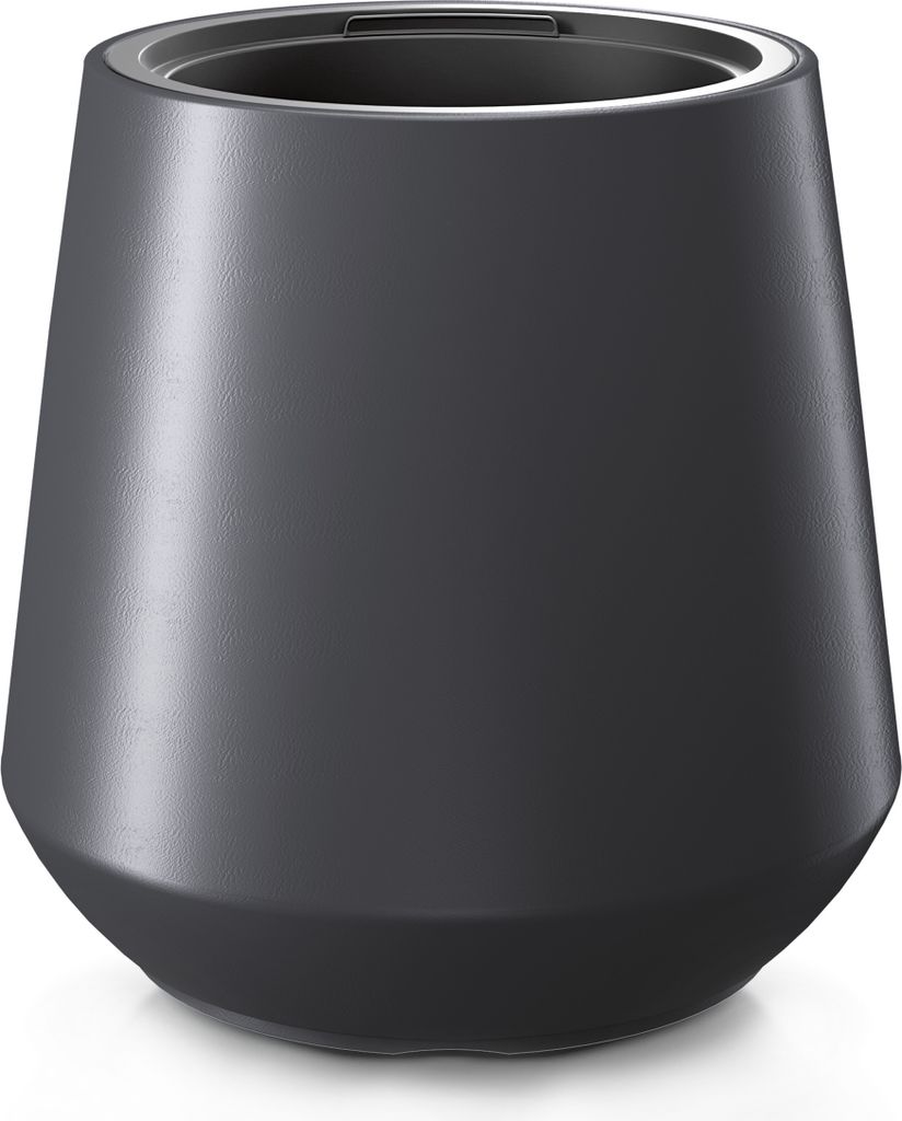 A dark gray, conical planter pot with a white rim is shown against a white background.