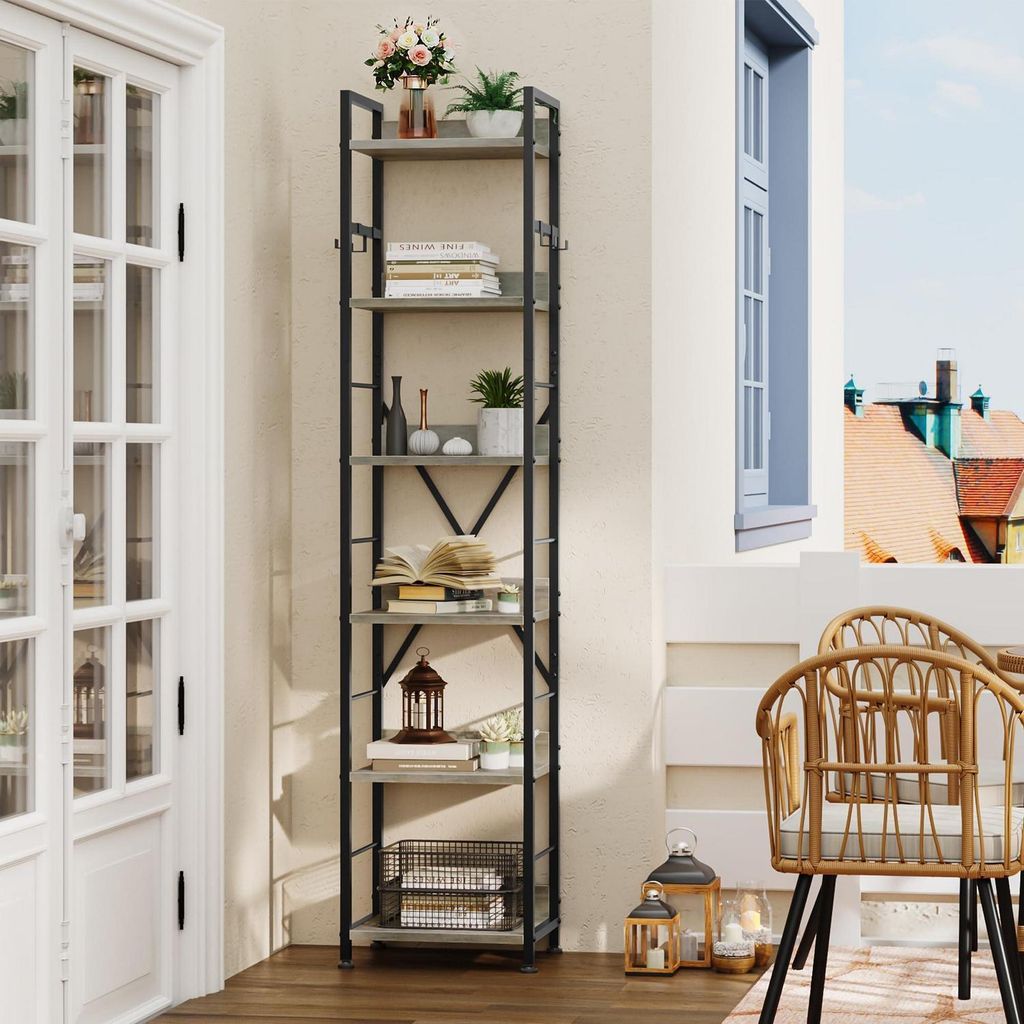 Bücherregal 6 Ebenen Standregal mit 4 Haken Metall Holz Produktbild 