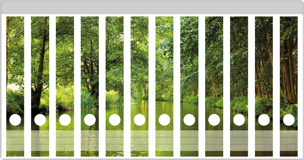 Wallario Ordnerrücken Sticker, selbstklebend für schmale Ordner, 12 Stück, Motiv Spreewald in Brandenburg grüne Wälder und Spiegelungen im Wasser