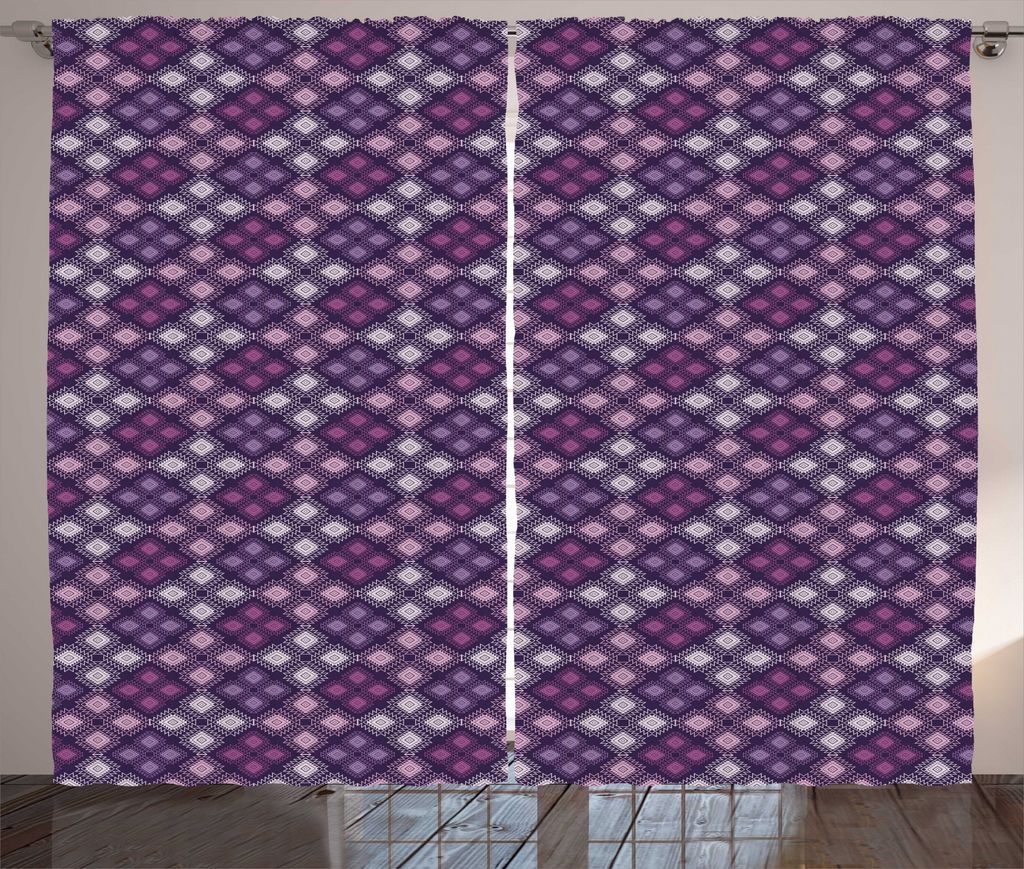 ABAKUHAUS Volk Rustikaler Gardine, Violett-Tönen Rhombuses Entwurf, Wohnzimmer Universalband Gardinen mit Schlaufen und Haken, 280 x 225 cm, Lila ...