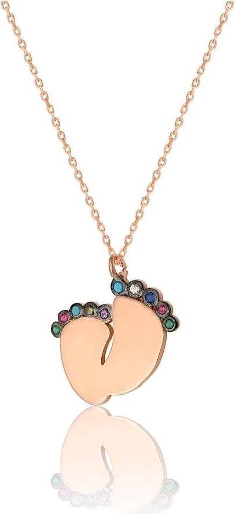 925 Silber Kette Babyfüße Anhänger – Damen Collier Fußabdrücke mit Zirkonia Rosegold