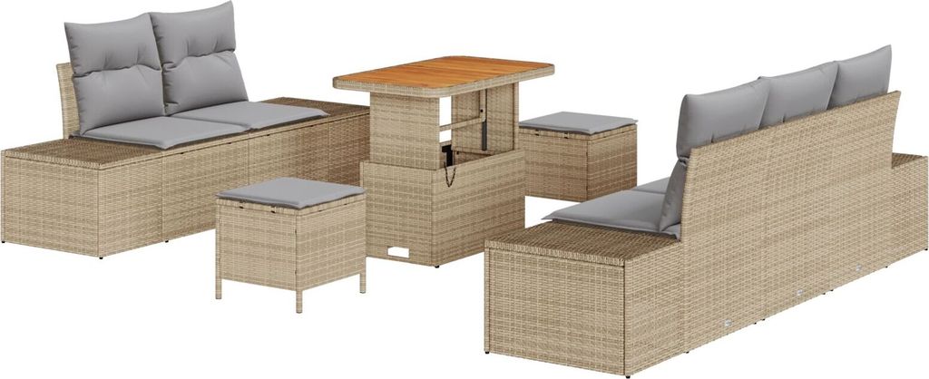 Möbel 8-teilige Garten Sofa Set mit Kissen Beige Poly Rattan Akazie, 2-Sitzer Garten Sofa mit Stauraum & Kissen Beige Poly Rattan, 3-teiliges Gart...