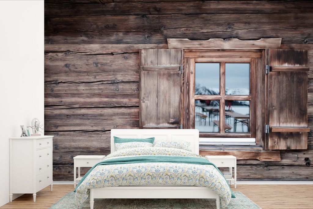MuchoWow Fototapete für Wohnzimmer oder Schlafzimmer Wandtapete Vinyl Motivtapete Eine Blockhütte mit offenem Fenster - 525x350 cm - Das Hinter...