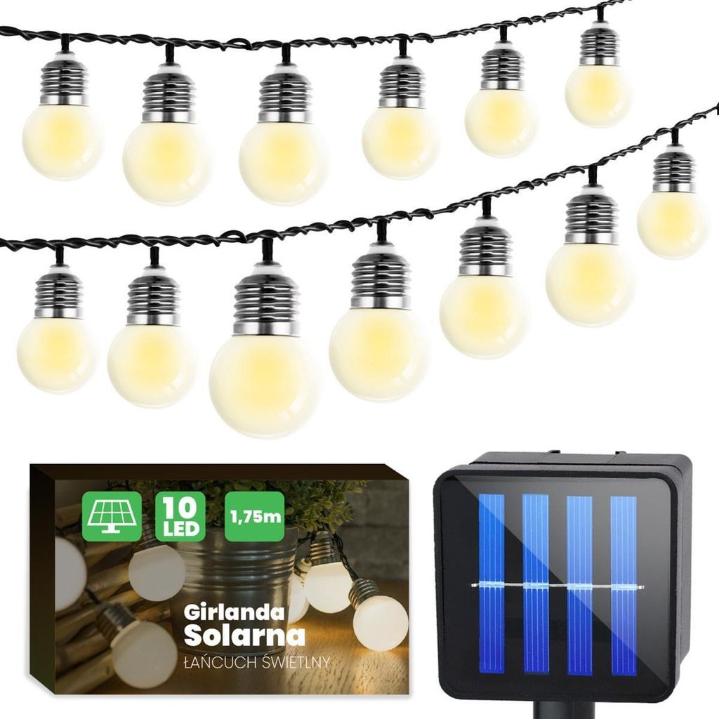 A string of solar-powered LED lights with a solar panel charger and packaging.