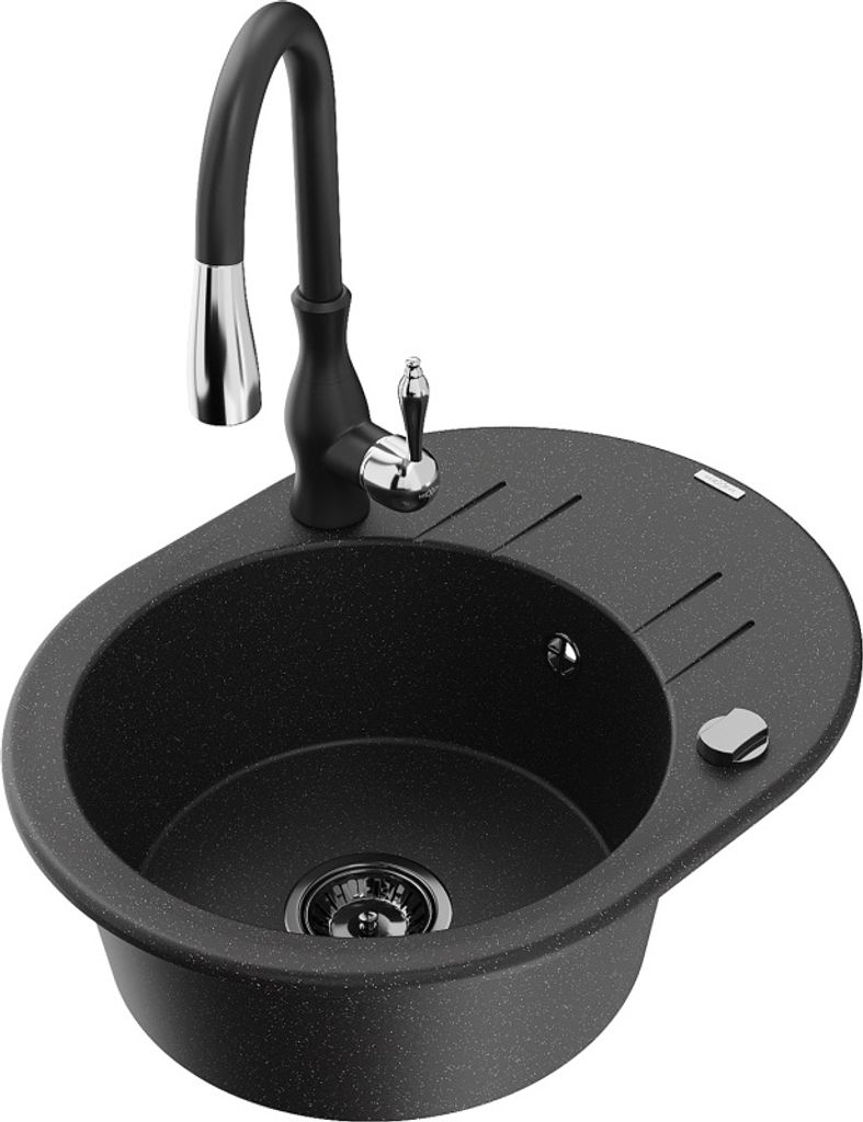 Mexen Kevin 1 Becken-Granitspüle mit Abtropffläche und Mischbatterie Savita, Schwarz/Silber - 6517-73-672601-70-B