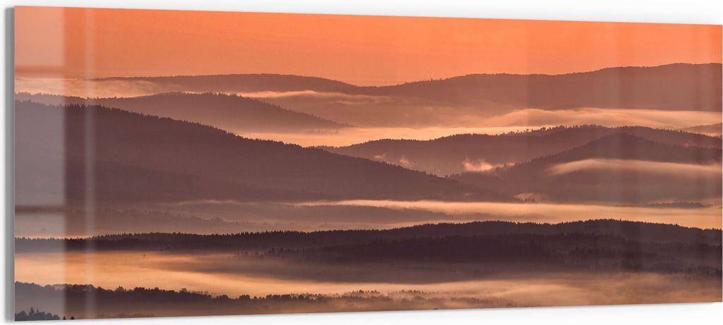 DEQORI Glasbild Echtglas 150x60 cm 'Nebelberge im Morgenrot' Wandbild Bild modern Deko
