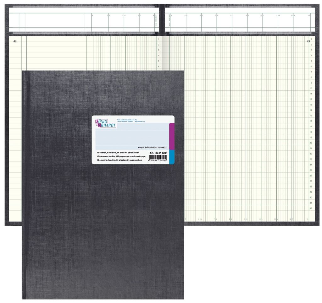 Spaltenbuch Kopfleisten-Ausführung - A4, 13 Spalten, 96 Blatt, Schema über 2 Seite, mit Seitenzahlen, 1 St.