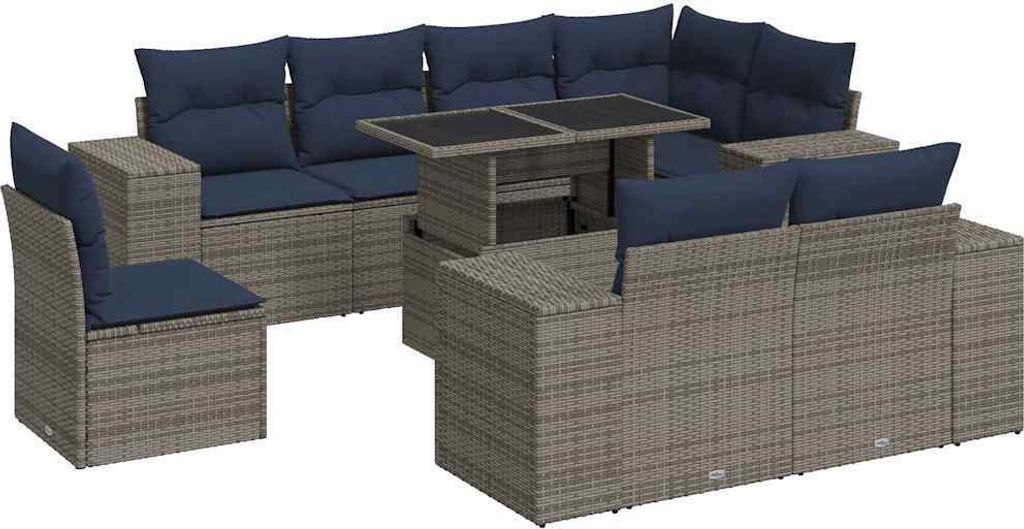 9-tlg. Garten-Sofagarnitur mit Kissen Grau Poly Rattan Akazie