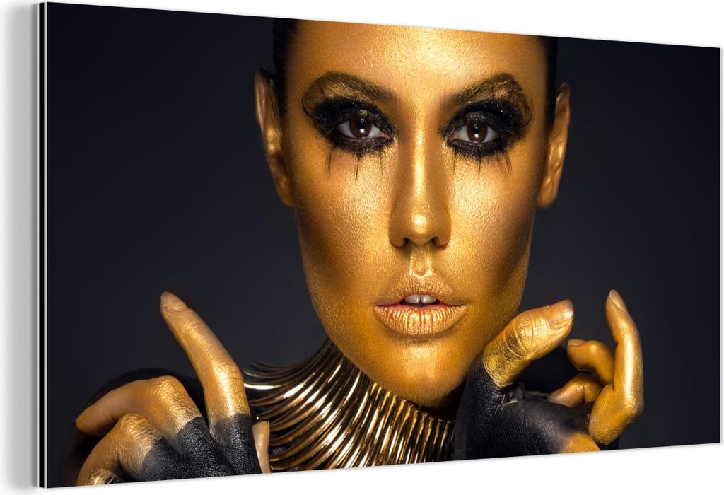 MuchoWow Wanddekoration Metall Metallbild Wandkunst 80x40 cm Make-up - Tasche - Gold - Luxus - Frau MuchoWow Aluminium Gemälde - Wanddekoration - ...