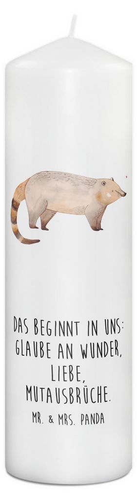 Mr. & Mrs. Panda Kerze Nasenbär 29 x 8 cm XL - Weiß - Geschenk, Blockkerze, Nasenbären, Bär, Wachskerze, Rüsselbär, Lustige Sprüche, Stumpen...