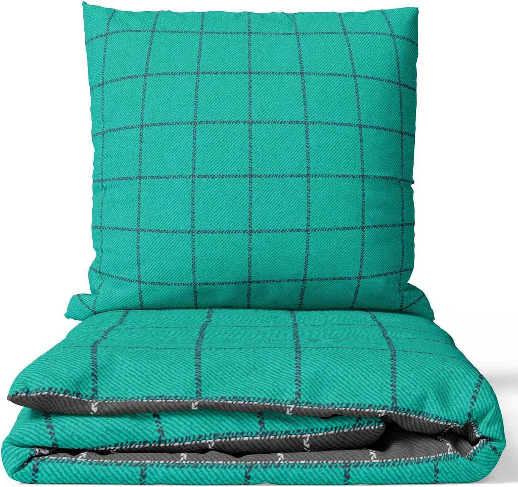 Renforce Bettwäsche Set 240x220 cm in Petrol Anthrazit Schwarz Kariert mit Reißverschluss 3-teilig