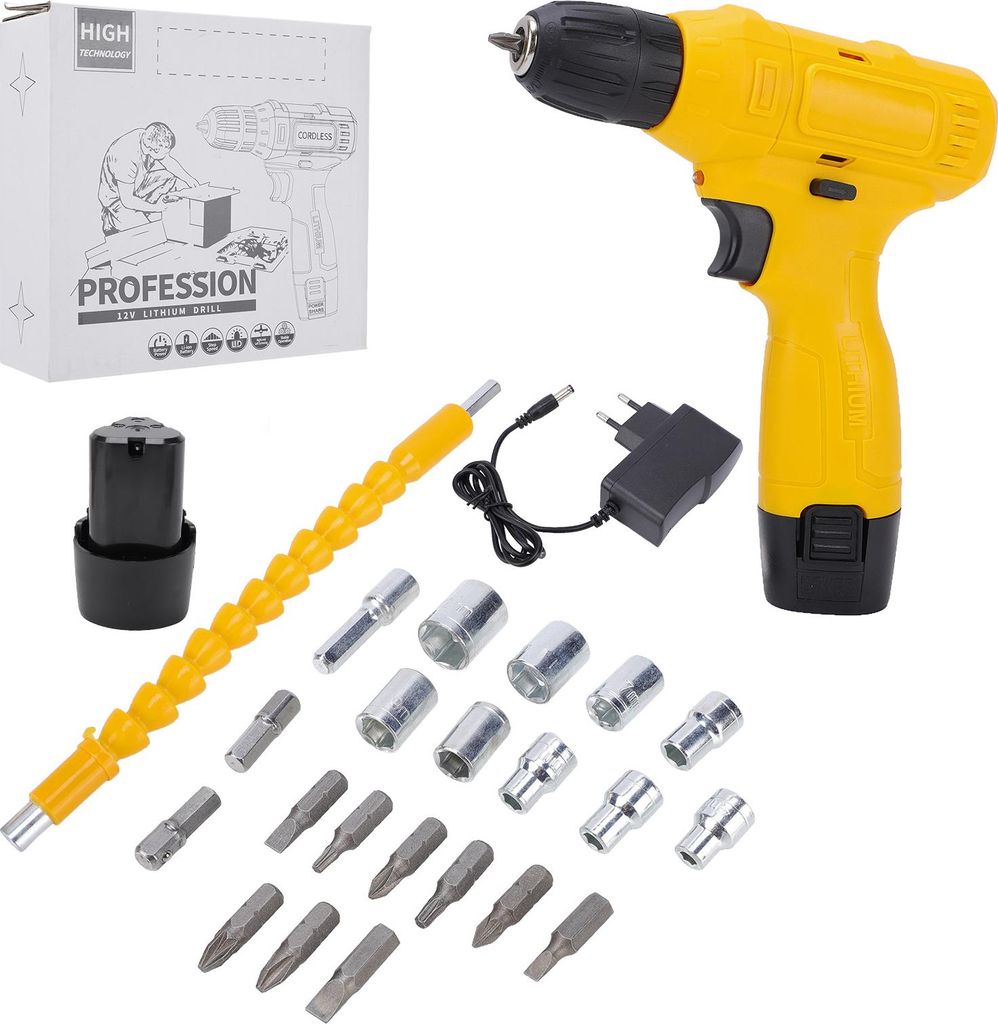 12V Cordless Drill Kit 3/8" Chuck Power Screwdriver Ergonomic Design LED Light with Battery and Charger for Professional DIY Work Home Tools US Plug