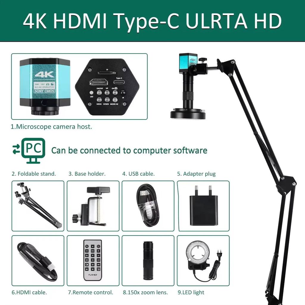 Digitales Mikroskop - Industrie Videokamera mit C-Mount - 4K HDMI USB-C Ausgang - 150x Vergrößerung - Für Löten, PCB und Handyreparatur - 4K HD...