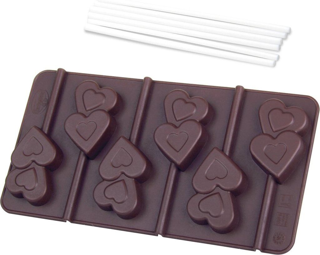 Dr. Oetker Silikon-Schokoladenform "Lolli-Herzen" 2er Set inkl. 12 Sticks, Schokoladenformen für Herz-Lollis am Stiel, Formen aus hochwertigem Pla...
