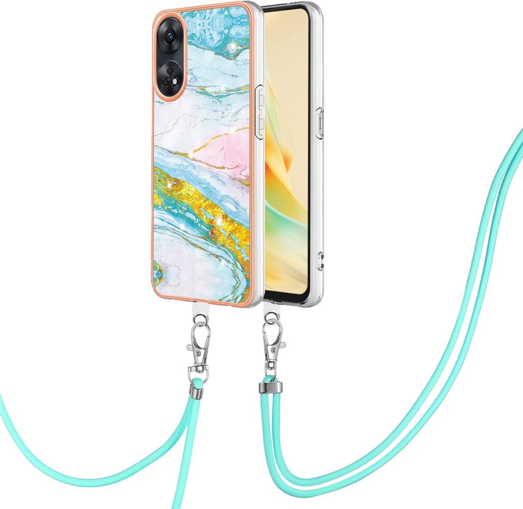 Handykette Hülle für OPPO Reno8 T 4G Muster TPU Schutzhülle mit verstellbarem Tragegurt Türkis
