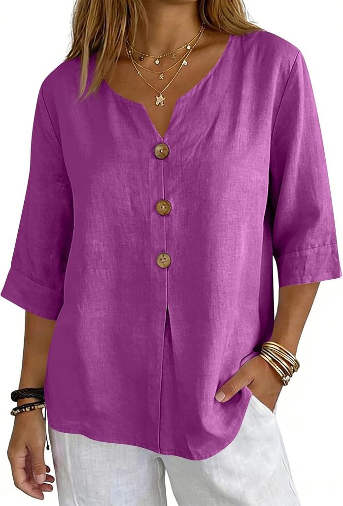 ASKSA Musselin Bluse Damen 3/4 aermel Sommerbluse Oversized Elegant V-Ausschnitt Tshirts Hawaii Hemd Leichte Kurzarm Bluse Top (Violet,S)