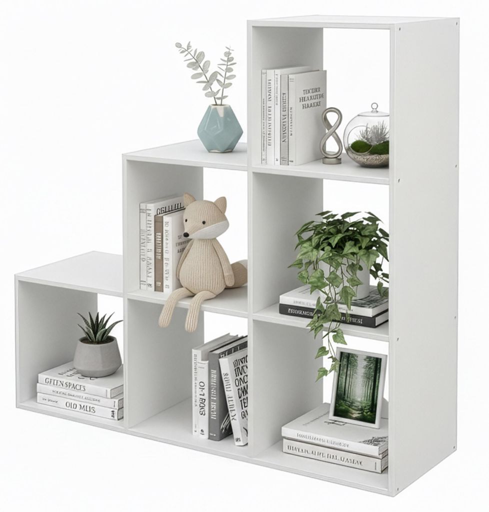 Relaxdays Stufenregal, 6 Fächer, HxBxT: 97,5 x 97,5 x 29 cm, Regal Dachschräge, Bücherregal Wohnzimmer, Raumteiler, weiß