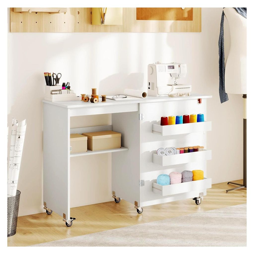 Klappbarer Nähmaschinenschrank, 2-in-1 Nähschrank, Holzschreibtisch mit Haken, Ablage und Rollen, Mobiler Nähtisch für Zuhause und Büro (Weiß...