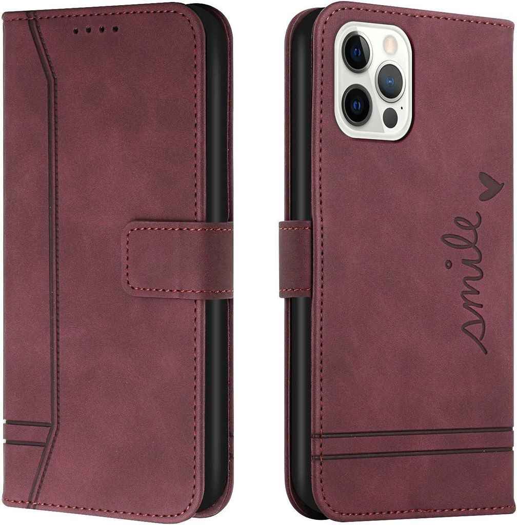 Apple Iphone 13 Pro Max 6,7"" Flip Case Aus Burgunderrotem Kunstleder Mit Aufschrift