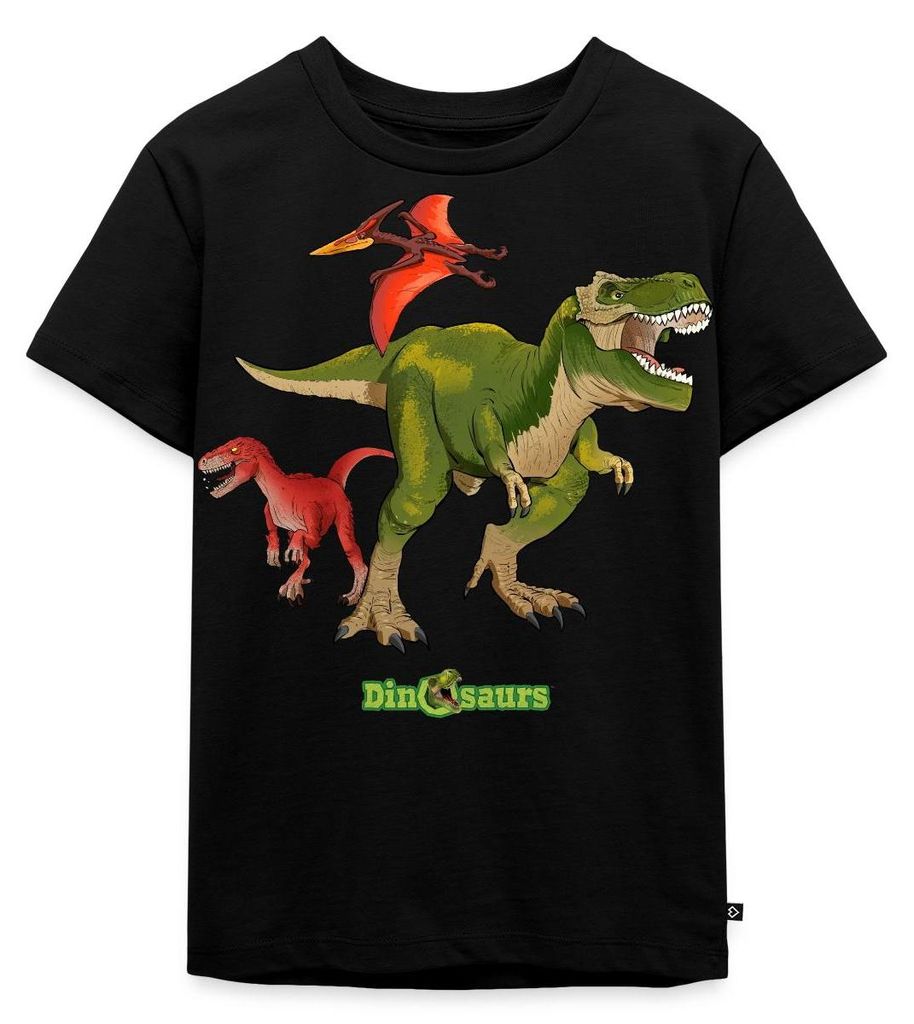 Spreadshirt Dinosaurier T-Rex Velociraptor Pteranodon Kinder Premium T-Shirt, 134/140 (8 Jahre), Schwarz