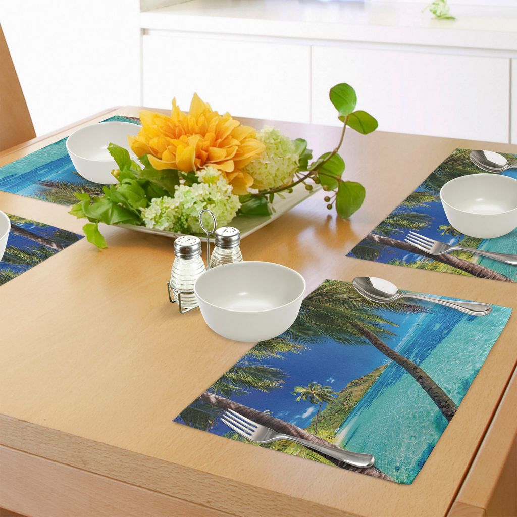 ABAKUHAUS Ozean Platzmatten, Bild Einer tropischen Insel mit den Palmen und dem klaren Seestrand-Thema-Druck, Tiscjdeco aus Farbfesten Stoff für d...
