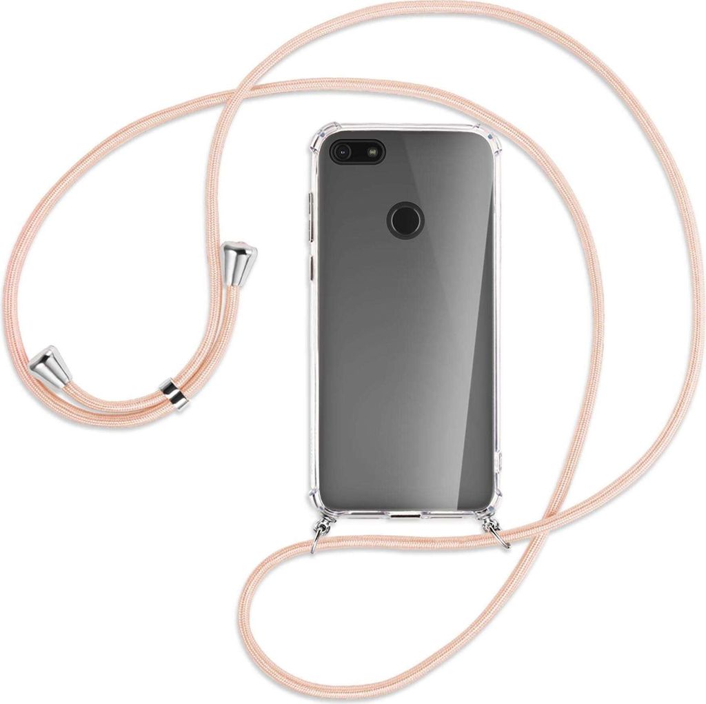 Handykette Backcover-Schutzhülle mit Band (Metall silberfarben) für Motorola Moto E6 Play - rose peach