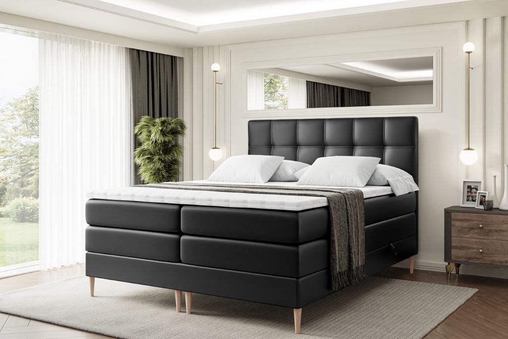 ALTDECOR Boxspringbett mit Holz Füßen, Matratze und Lattenrost, Topper, Polsterbett mit Bettkasten, Bett mit Stauraum H3- und H4- Matratze, Doppe...