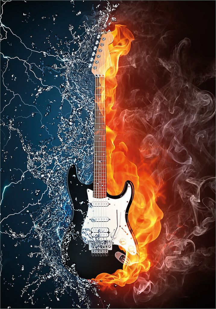Wallario selbstklebendes Poster - Feuer-Wasser-Gitarre, Größe: 70 x 100 cm