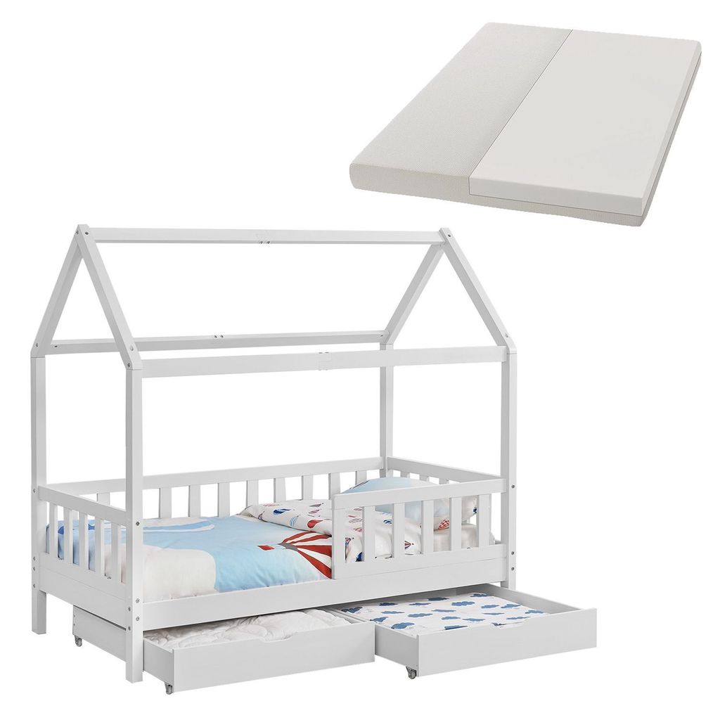 A white wooden house-shaped bed frame with two drawers underneath and a mattress placed on top.