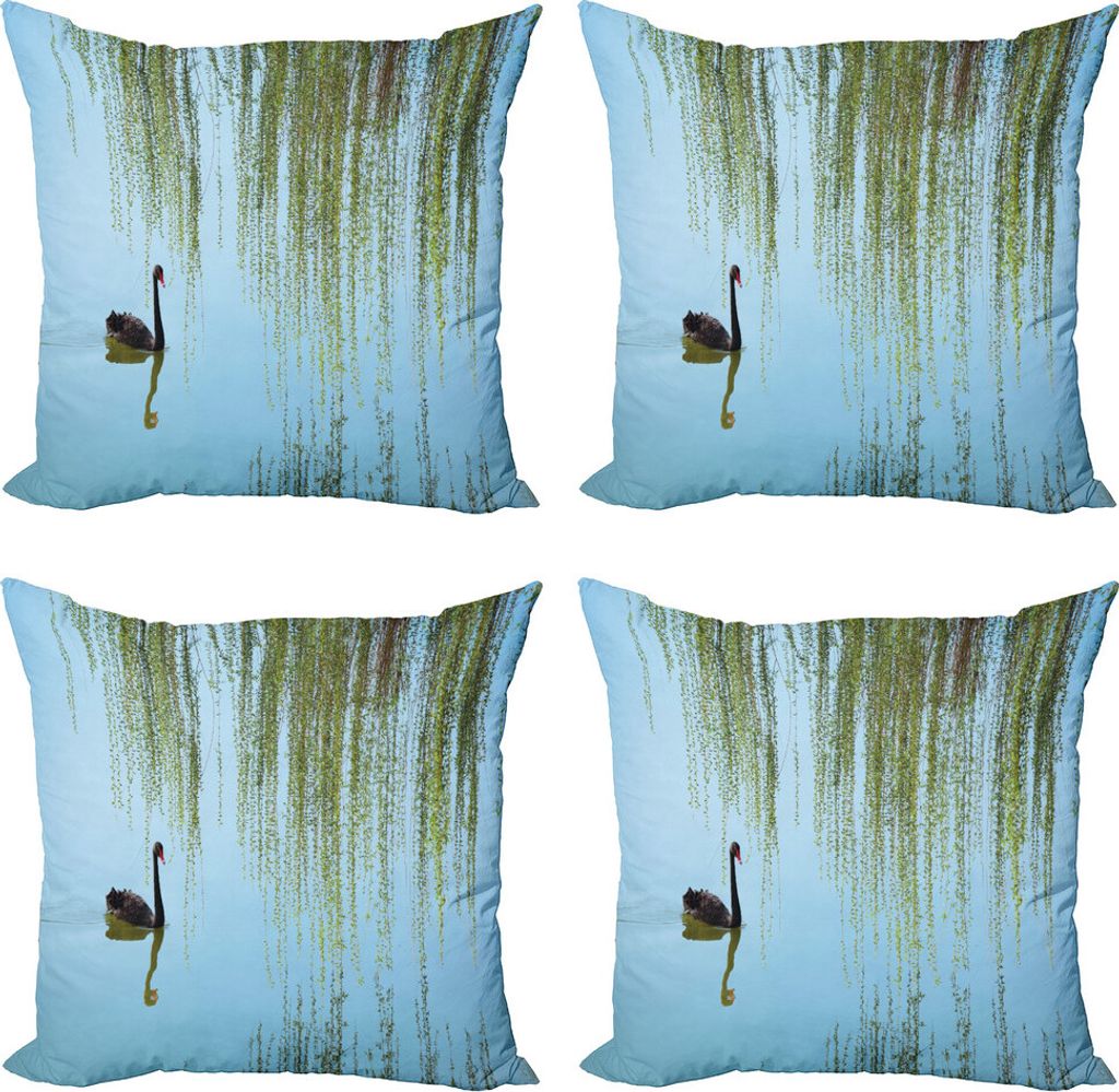 ABAKUHAUS Weidenbaum Kissenbezug Set (4 Stück), Black Swan auf dem See, Moderner Doppelseitiger Digitaldruck, 40 cm x 40 cm, Mehrfarbig
