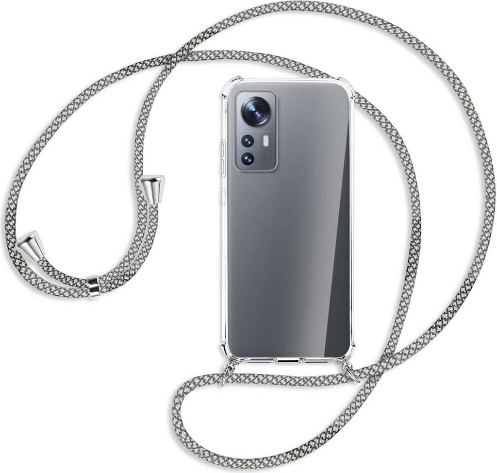 Handykette Backcover-Schutzhülle mit Band (Metall silberfarben) für Xiaomi 12 - weiß/grau kariert