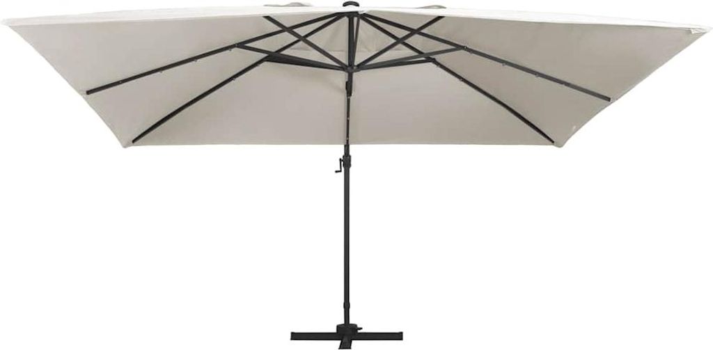 A rectangular patio umbrella is shown from a low angle against a white background.