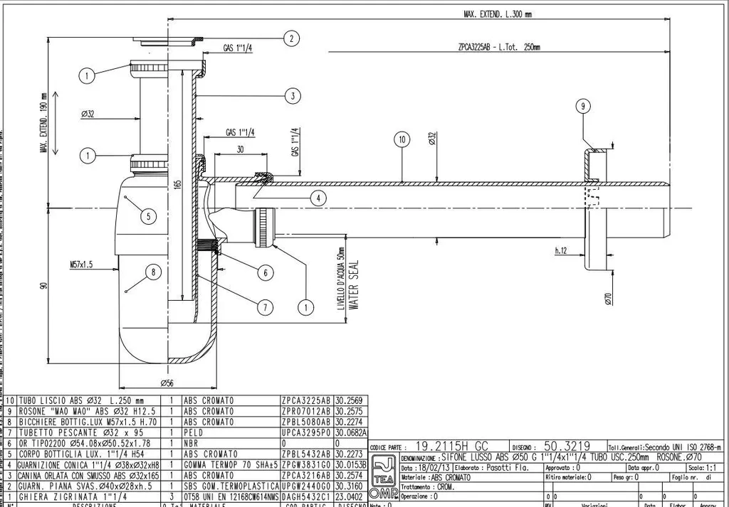 Siphon de lavabo chromé 1 1/4'' TRINNITY ABS avec tasse démontable 55mm