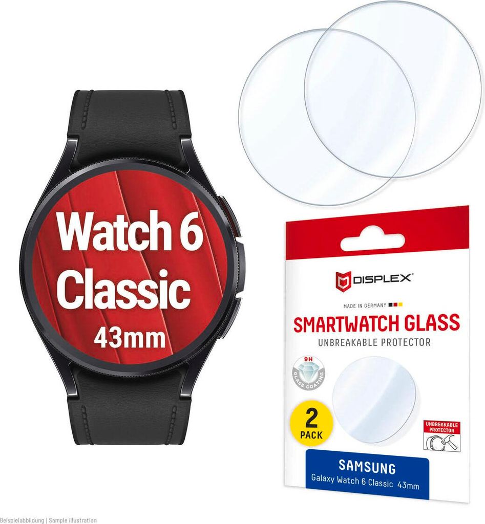 Displex 9H Schutzfolie Galaxy Watch 6 Classic (43mm), 2 Stück, ultradünn, randlos, Germany, Displayschutz, Smartwatch, Transparent, Samsung, Gal...