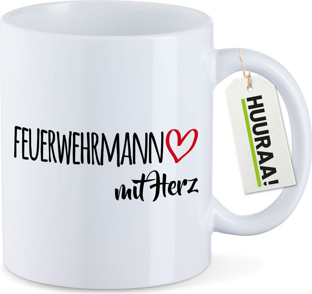 Huuraa Kaffeetasse Feuerwehrmann mit Herz 330ml Weiß Keramik Kaffeebecher Geschenkidee