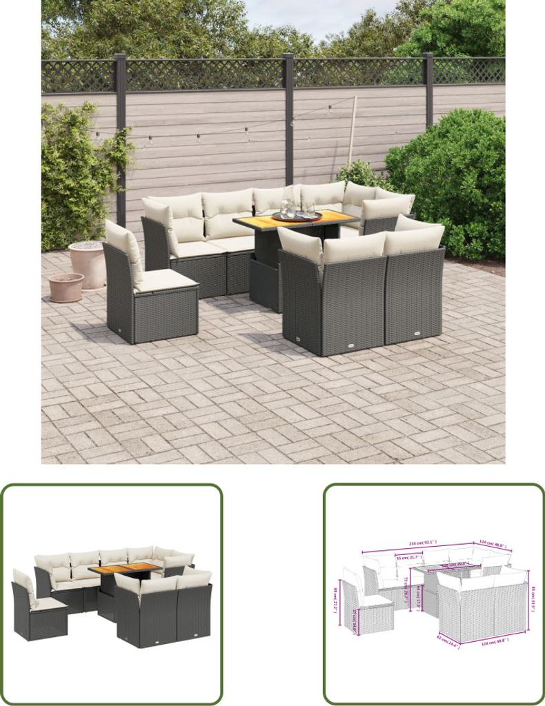 The Living Store 9-tlg. Garten-Sofagarnitur mit Kissen Schwarz Poly Rattan
