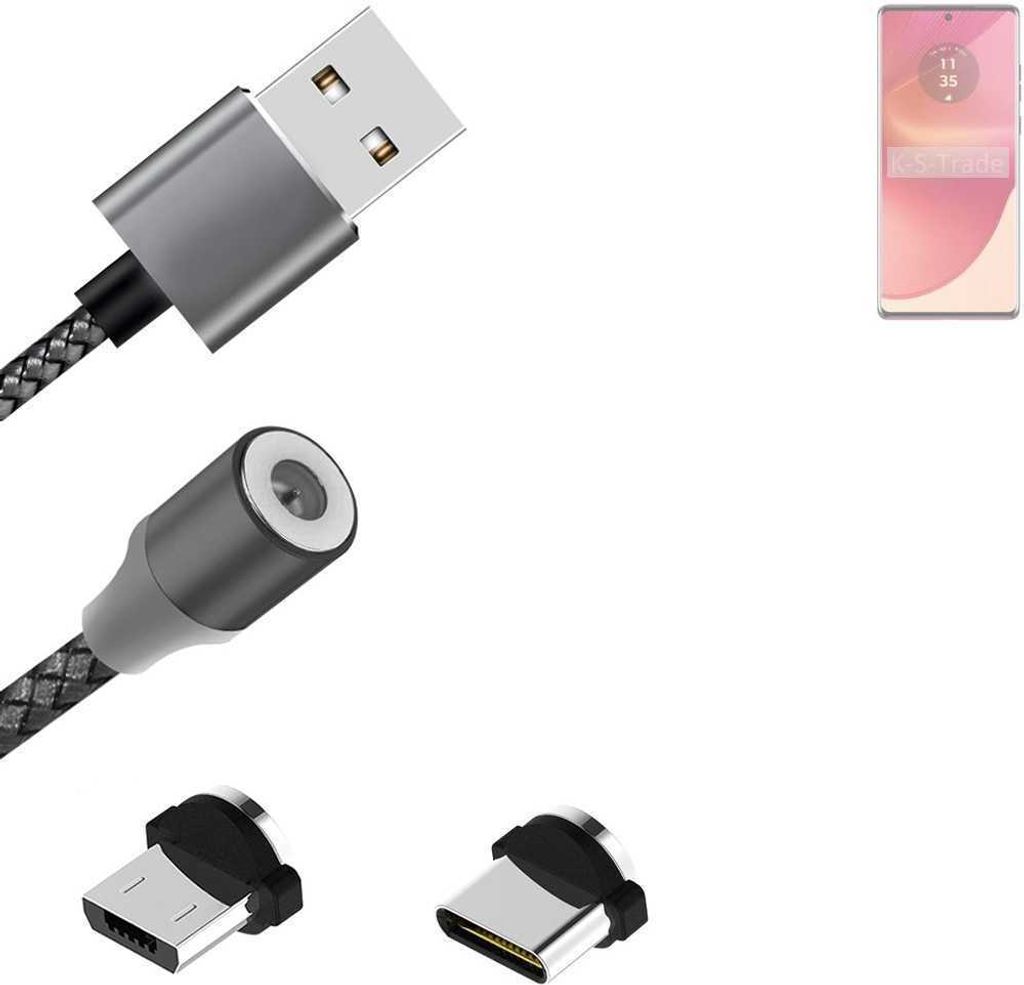 K-S-Trade Hochwertiges Magnet-Lade-kabel Sync-Kabel Daten-Kabel für Motorola Edge 50 Fusion Global mit USB-Typ-C-Anschluss und Micro-USB-Anschluss 2A