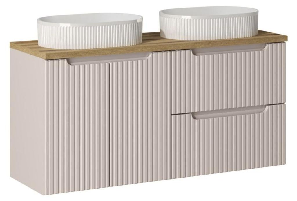 Ensemble VANO Kaschmir und Eiche 120cm: Unterschränke mit Schubladen und Schranktüren + Aufsatzwaschbecken mit weißen Rillen