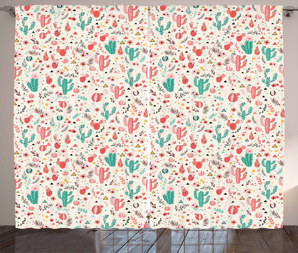 ABAKUHAUS Botanisch Rustikaler Vorhang, Kaktus-Anlage Blüten, Wohnzimmer Universalband Gardinen mit Schlaufen und Haken, 280 x 245 cm, Dunkle Kora...