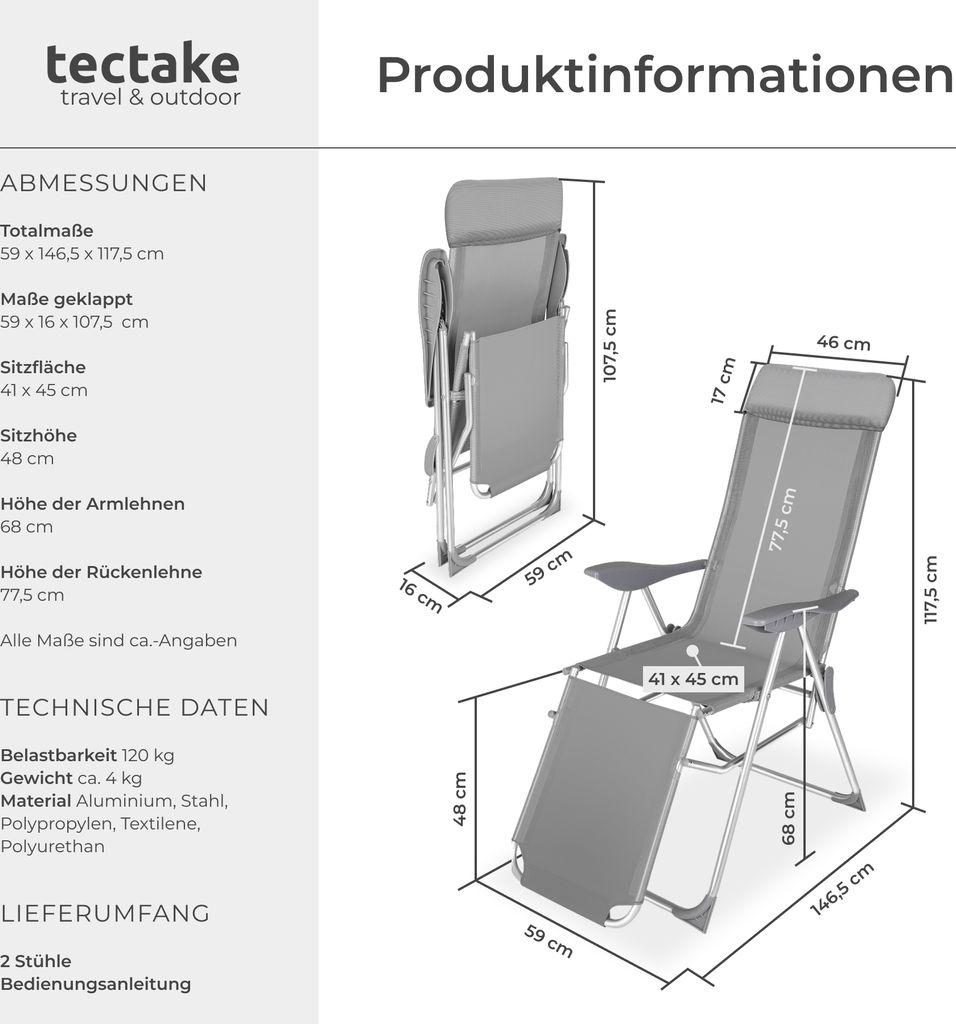 sada 2 skládacích zahradních židlí Jana 146,5 x 59 x 117,5 Obrázek produktu 12