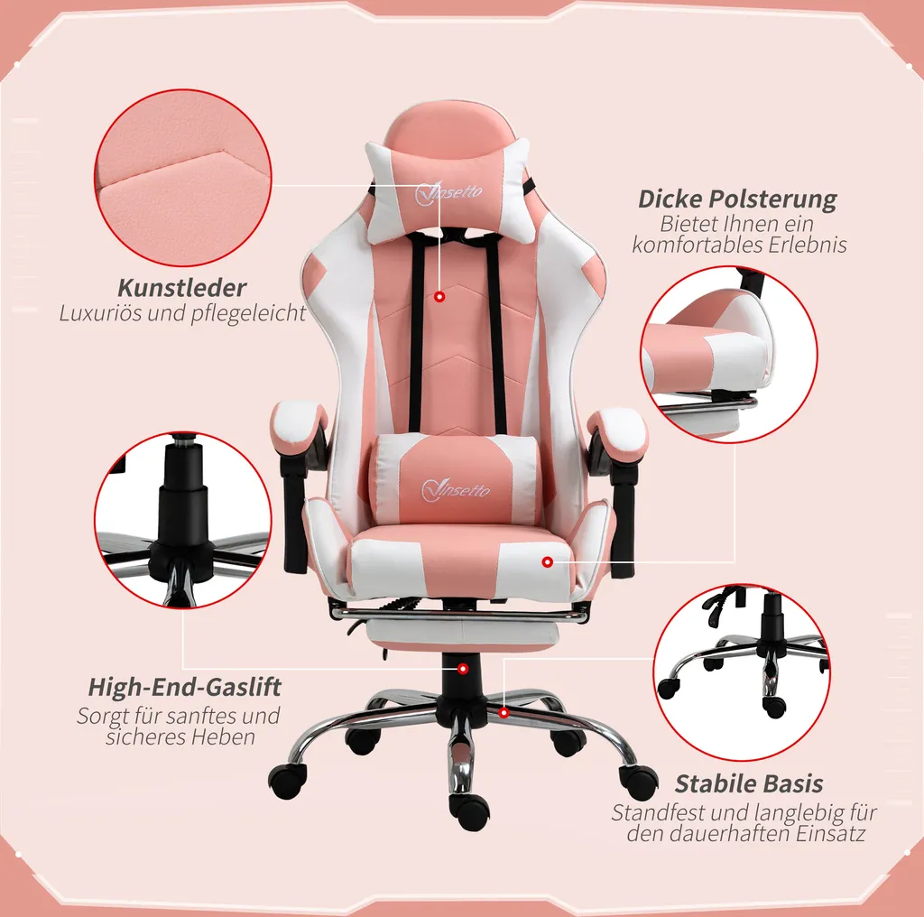 Vinsetto Sedia Ergonomica Design Rosa: Eleganza e Comfort al PC - 7