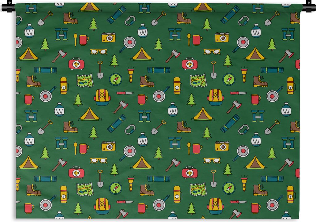 MuchoWow Wandteppich Wandbehang Camping - Zelt - Axt - Rucksack 150x112.50 cm Tapisserie Dekoration Wandtuch - Wanddecke - Wandteppiche