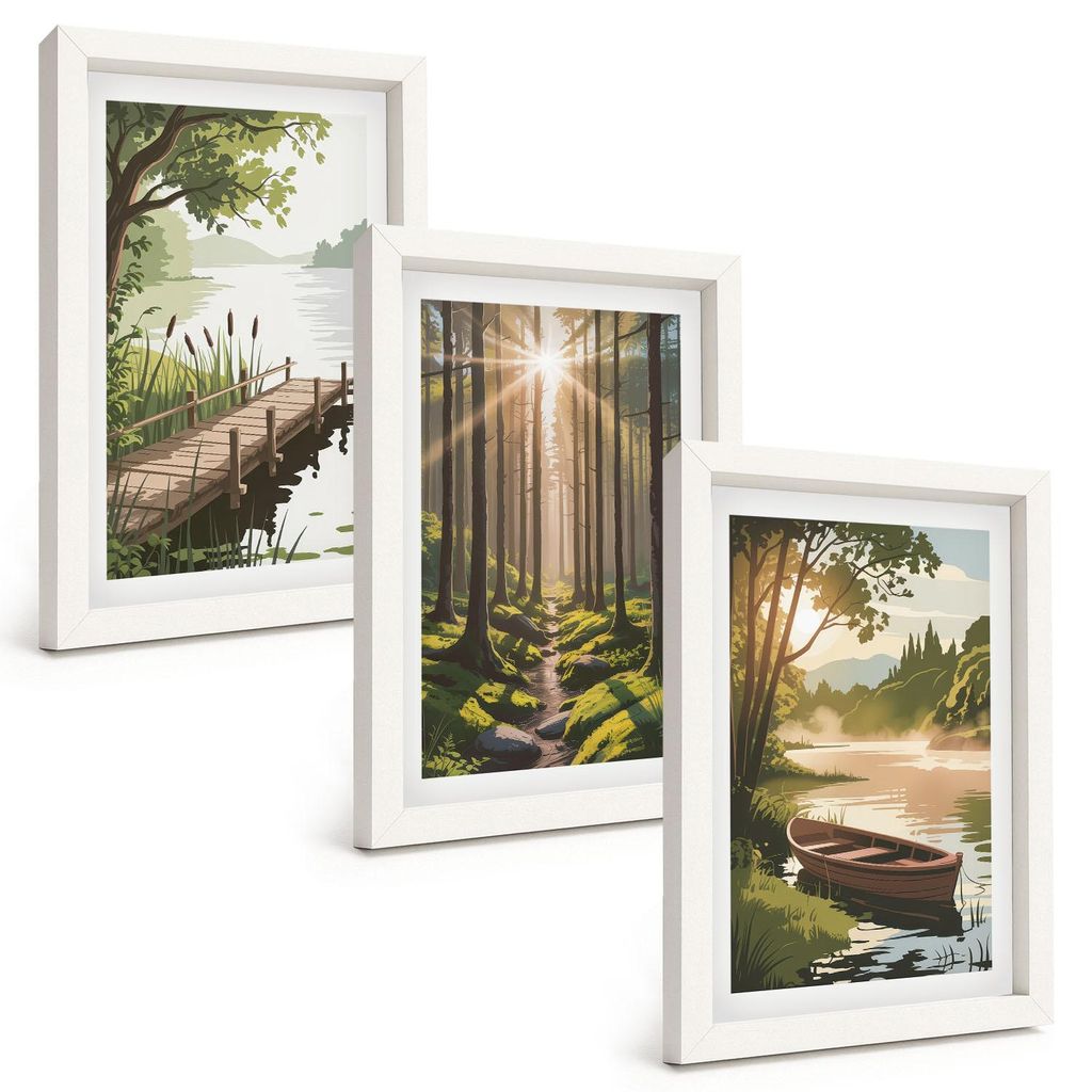 Bilder Set 3-teilig im weißen Rahmen – Wandbilder 3 Stück – gerahmte Poster für Wohnzimmer, Schlafzimmer und Flur – 20x30 cm – Landschaf...