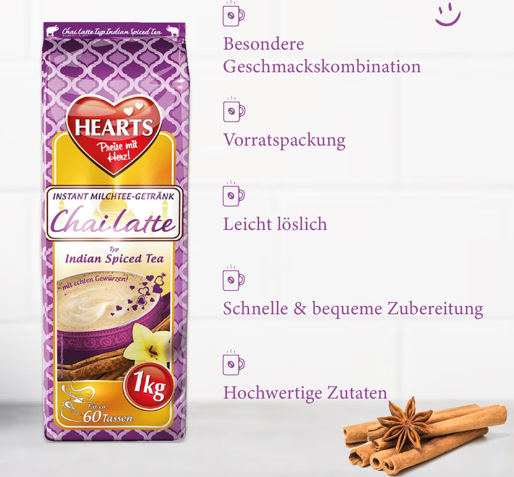 HEARTS Chai Latte Pulver 1kg  Instant Tee-Getränk 65 Tassen Produktbild 2