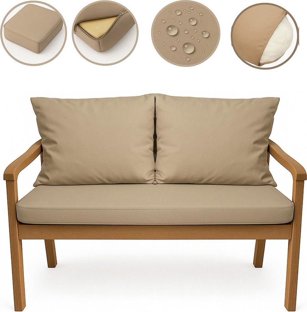 A beige cushion set for a garden sofa, shown on a wooden bench.